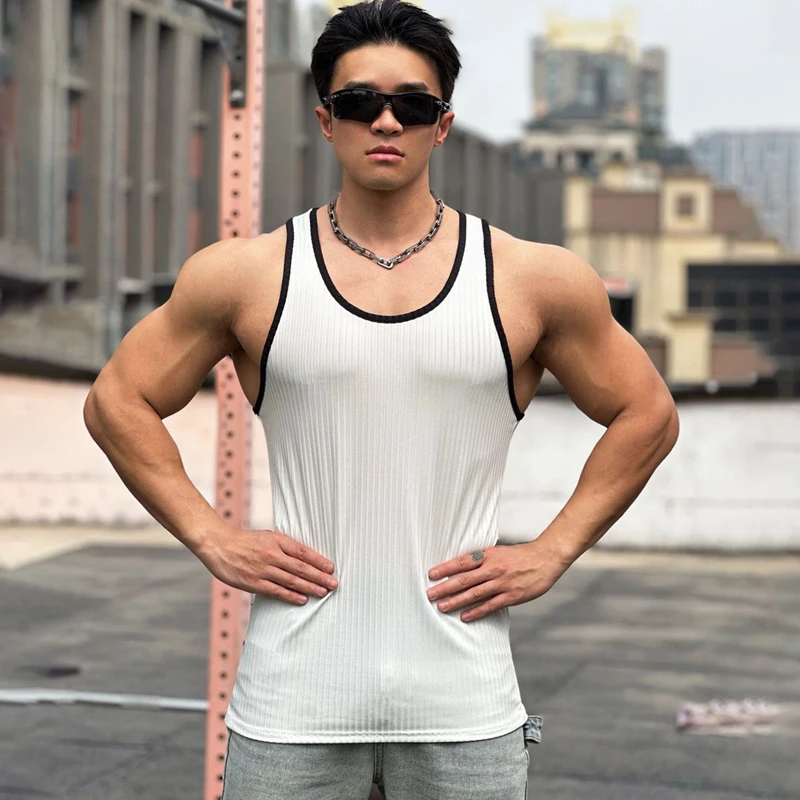 Chaleco blanco para deportes al aire libre para hombre, Chaleco de secado rápido de grano vertical, moda informal, chaleco en forma de I, fitness,