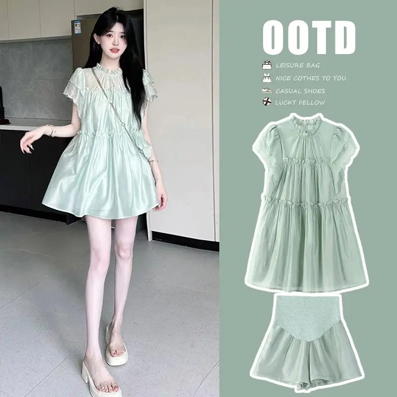 

Korean T-Shirt Dress Shorts Two-Piece Set Elegant Sweet Dress Women Summer Beach Casual Party Mini Fairy Dress Female