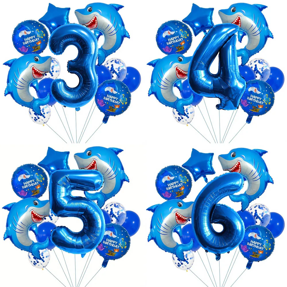 12 Stück Hai-Thema, Geburtstagsparty, blau, Nummer 1–9, Folienballon, geeignet für Geburtstagsparty-Dekoration, Jubiläumszubehör, Geschenke