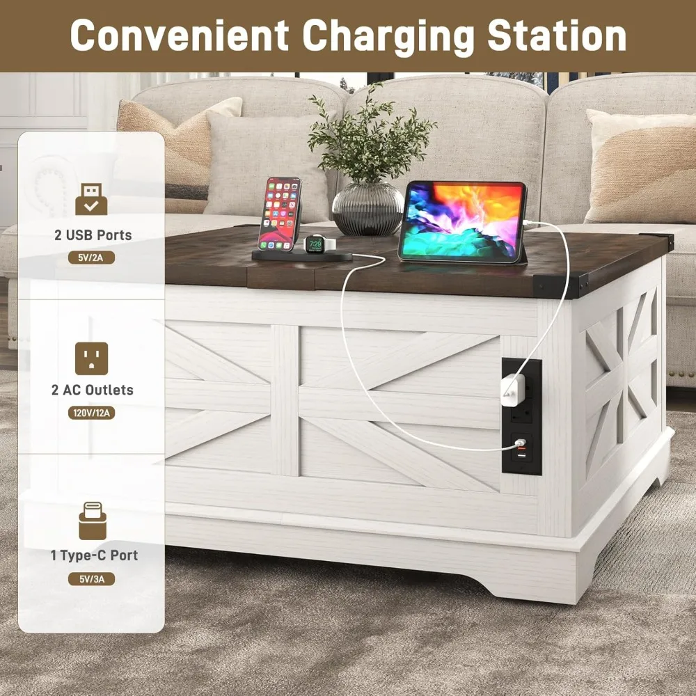 Square Farmhouse Style Coffee Table with Lift Top Storage, Power Outlets, and Wheels for Living Room