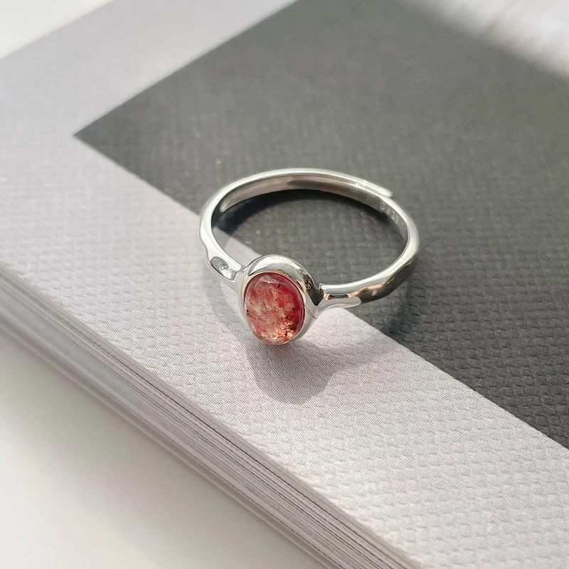 Genuine 925 Sterling Silver Open Rings Sweet Oval Strawberry Crystal Resizable Finger Ring for Women Party Fashion Jewelry Gifts