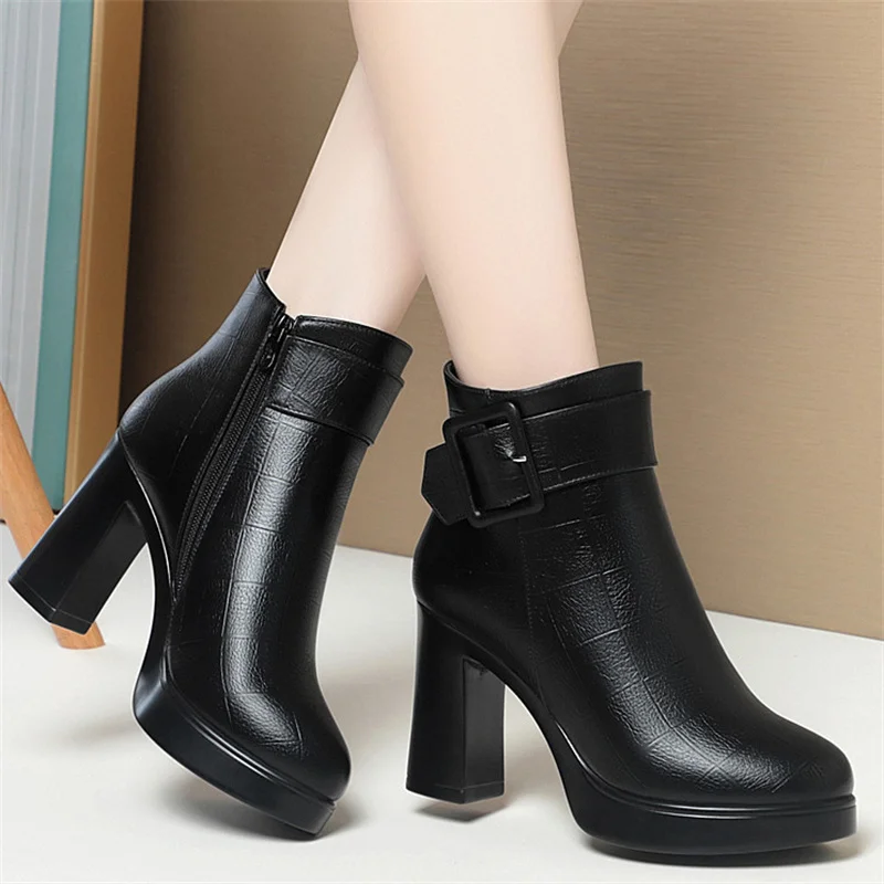 Winter Black Thick High Heel Ankle Boots Women 2024 Keep Warm Fashion Elegant Short Buckle Decoration Leather Boots