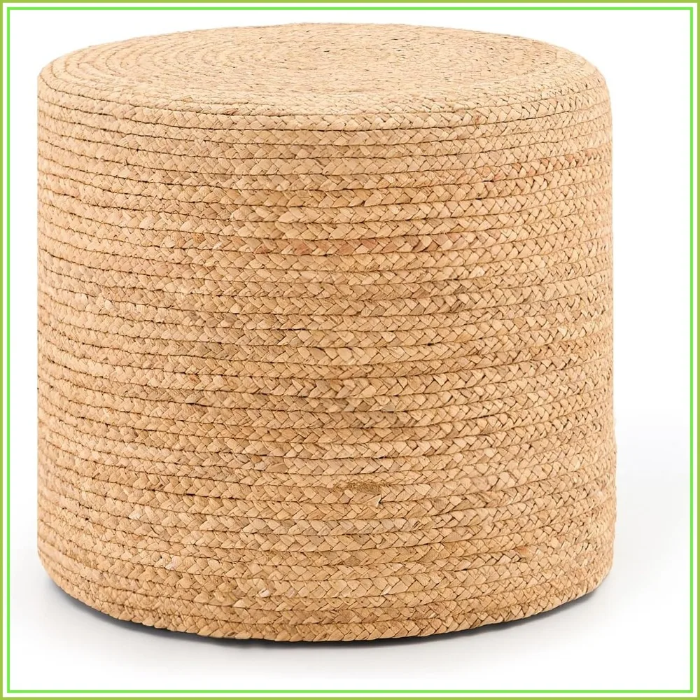 Round Water Hyacinth Ottoman Pouf Handwoven Braided Sturdy Frame Patio Balcony Garden