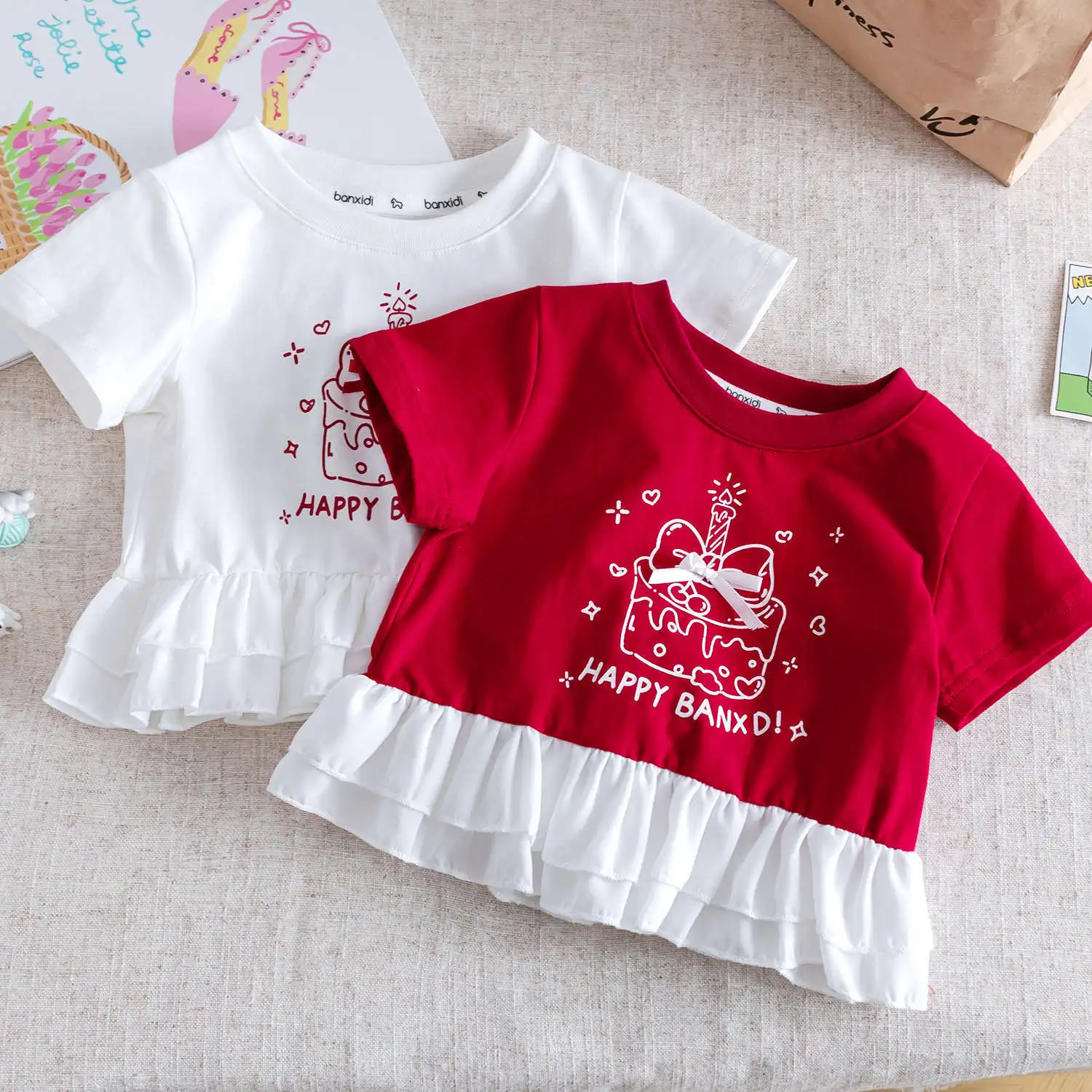 Girls' Short-sleeved T-shirt 2025 New Summer Children's Cartoon Print Ruffle Spliced Top Baby Girl T-shirt