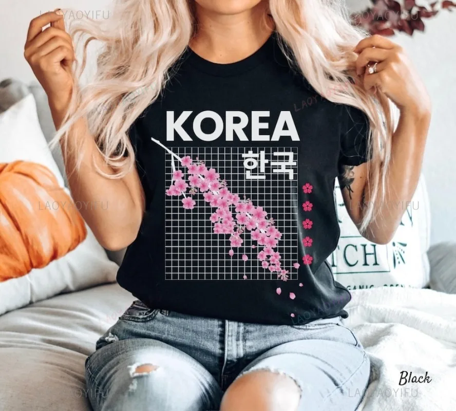 

Korea Shirt Seoul Cherry Blossoms T-shirt Unisex Funny Pattern T-Shirts Printing Round Collar Pure Cotton Tees Short-sleev Tops
