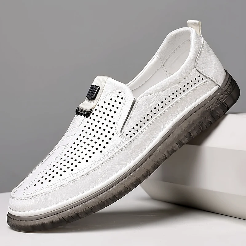 Summer White Perforated Leather Shoes Mens Slip on Shoes Genuine Leather Male Comfortable Casual Shoes Male Comfortable Loafers