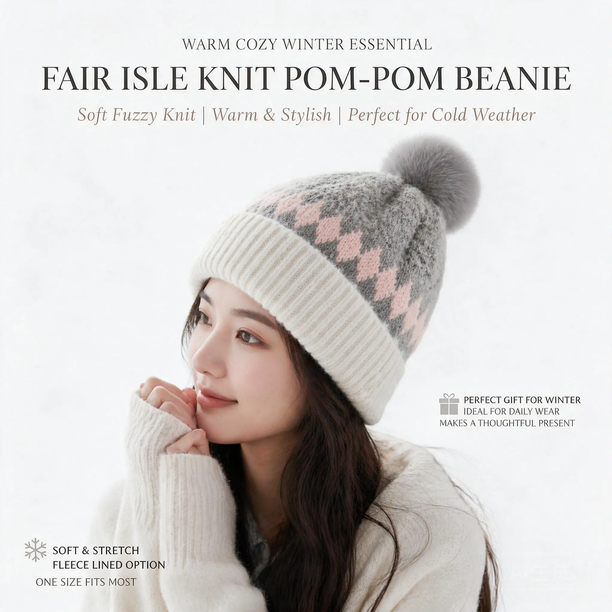 Women Winter Thick Fleece Lined Knitted Beanie Hat Faux Mink Fluffy Pom Pom Windproof Argyle Pattern Sporty Warm Hat For Outdoor