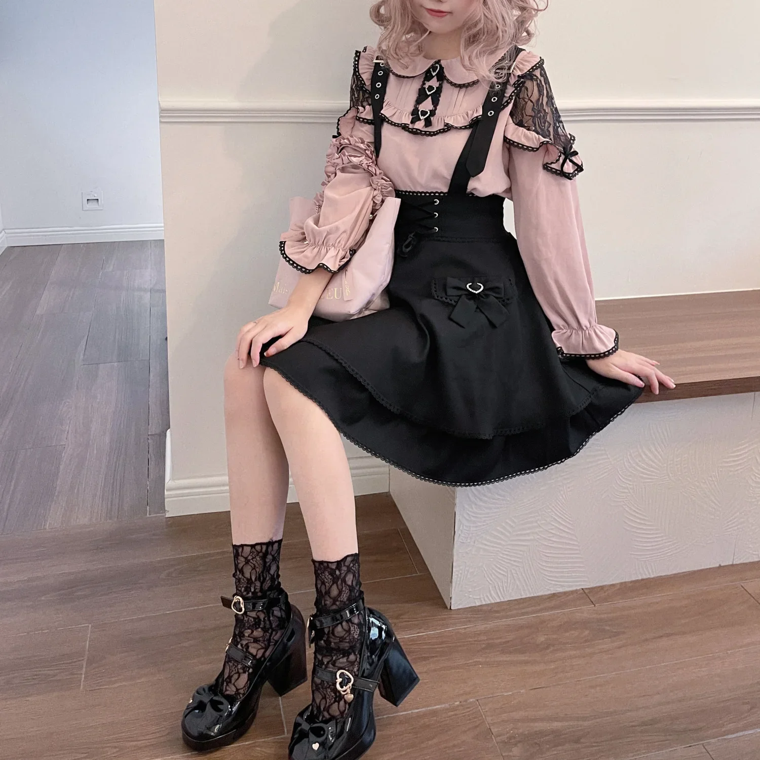 Japanese Sweet Lolita Style Black Pink Contrasting Colors Long Sleeved Blouse Women 2025 Spring All Match Shirt Camisas De Mujer