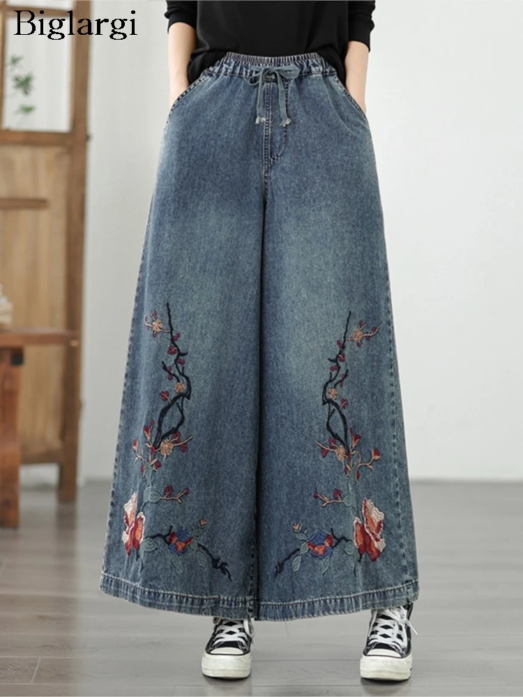 

Oversized Jeans Autumn Pant Women Flower Floral Embroidery Fashion Ethnic Style Ladies Trousers Wide Leg Loose Woman Pants