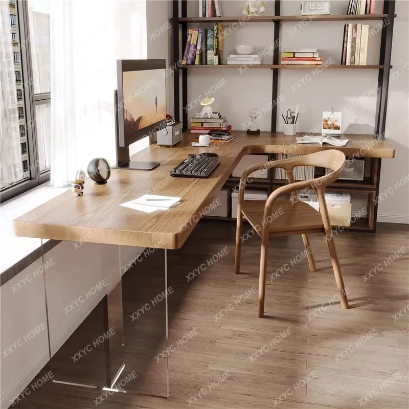 HSolid wood double desk bookshelf integrated storage writing table L-shaped acrylic floating table corner desk