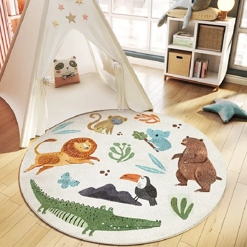 Colorful Cartoon Jungle Animal Kids Rug Round Play Mat with Bear Crocodile Non-Slip Educational Floor Carpet for Children Room