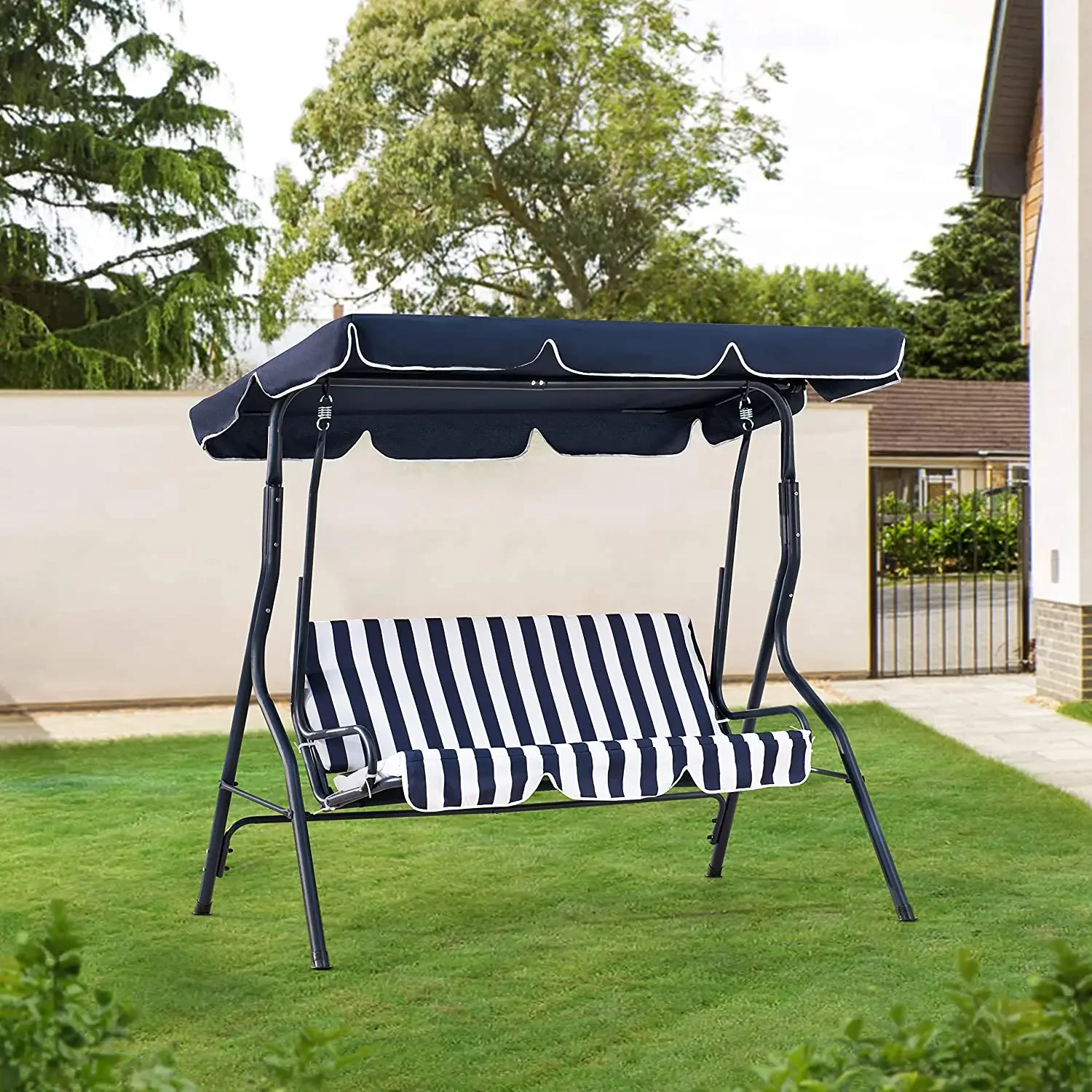 2026 Wholesale Modern Metal Outdoor 2-Seat Striped Swing Chair with Canopy Waterproof Cushion for Garden & Park
