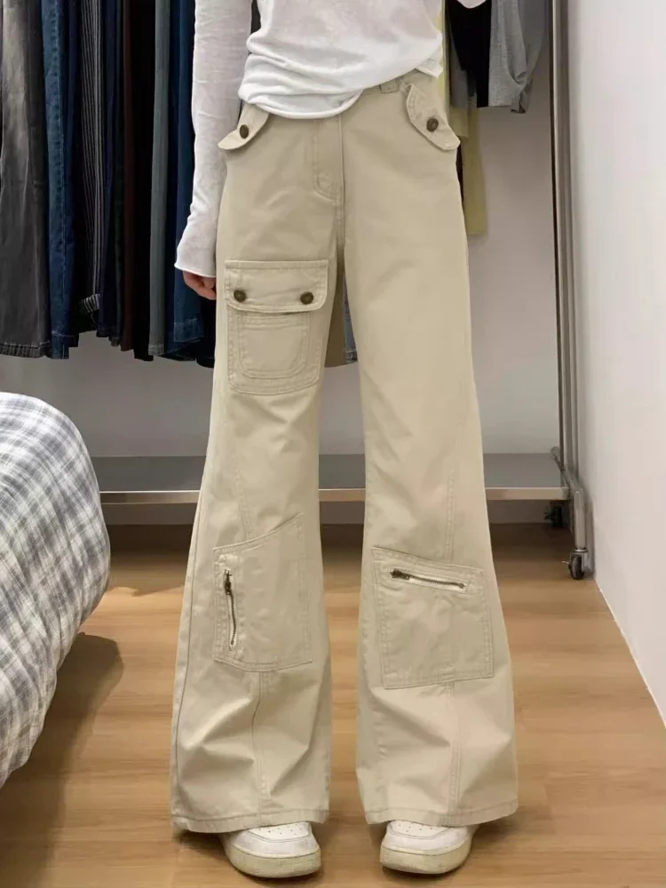 

Fashion Street Overalls High Waist Jeans Women Spring Summer Multi-Pocket Stitching Straight Pants Loose Micro Wide-Leg Trousers