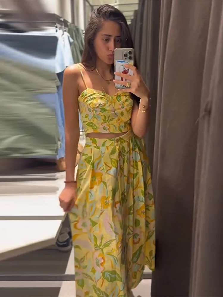 

Halter Printed Top Half Skirt Set Sexy Slim Fit Bikini Suspender Vest Short Blouse Crop Single-Breasted High Waisted Long Skirts