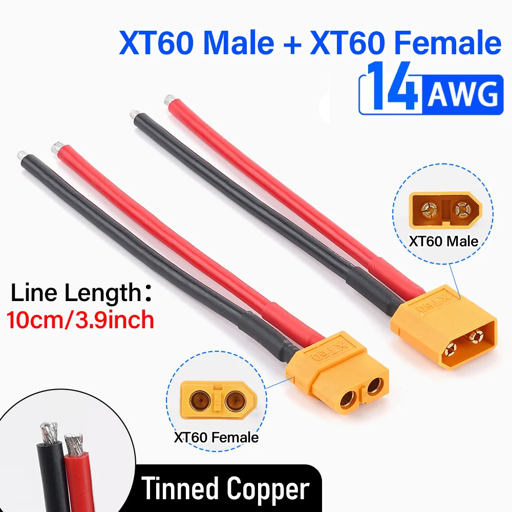 XT60 Battery Connector Male & Female Plug with 10cm14 AWG Silicone Wire for RC Airplane Quadcopter Lipo Battery ESC FPV Drone