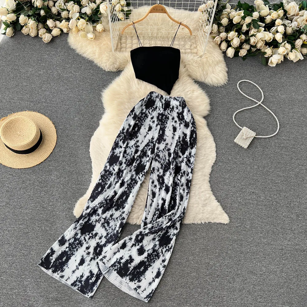 Summer Spaghetti Strap Crop Tops and Pantsuit Women Elegant Floral Casual Chic Beach Holiday Outfits Female Sexy 2 Pieces Set