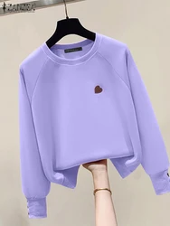 Women Sweatshirts Sweety Heart Embroidery Pullover ZANZEA Elegant Round Neck Autumn Hoodies 2024 Casual Loose Long Sleeve Tops