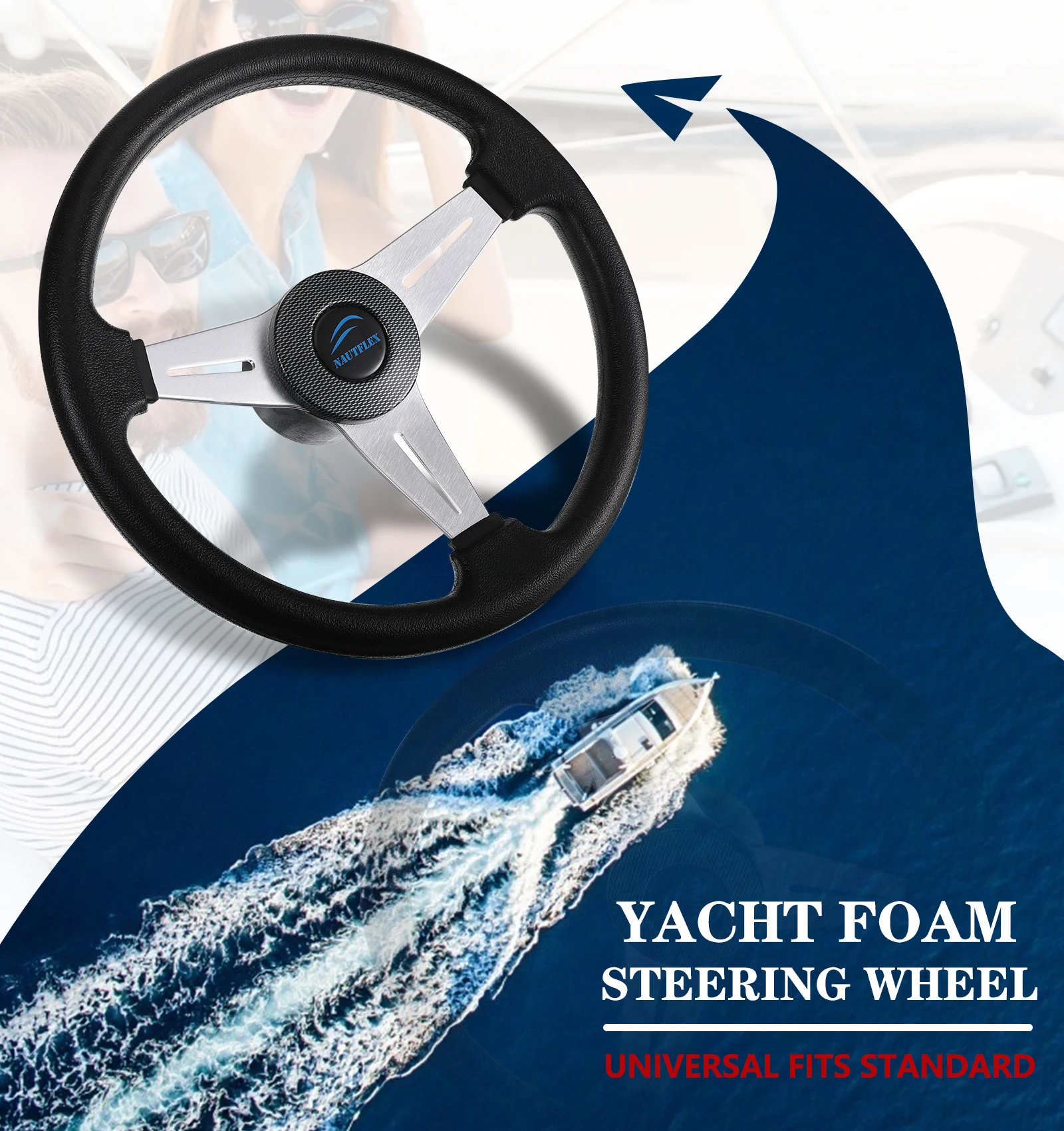 Speed Boat 3 Spoke Steering Wheel Yacht Seaboat Aluminum Alloy Coating PU Foam 13.3 inch Sailboat Helm Steer System