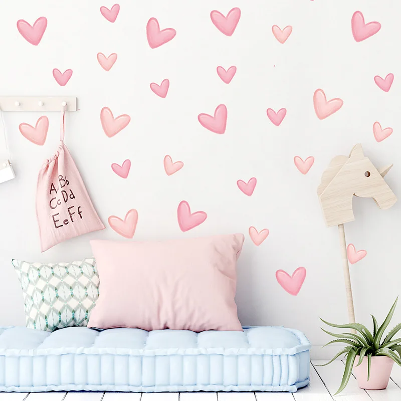 60pcs/set Soft Pink Big Small Heart Shape Wall Stickers for Living Room Bedroom Kids Room Nursery Room Wall Decals Home Decor