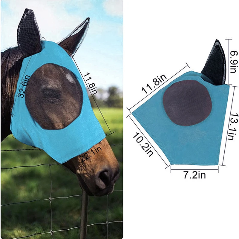 Cavalo estiramento Anti-Fly Mesh Equine Mask, Bug Eye, orelhas cobertas, nariz comprido, 1 pc