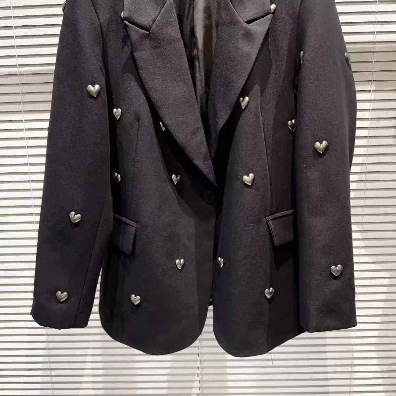 Women Blazers Autumn Loose Long Sleeve Tops Mujer 2026 New Metal Heart Rivet Black Jackets Y2K Aesthetic Notched Collar Coat