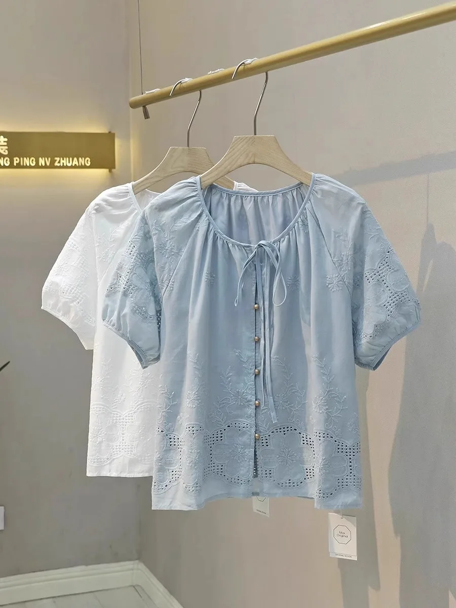 

Милая молодежная вышивка ort Sve irt Женская летняя свободная конструкция с круглым галстуком и пуговицами Повседневная блузка...