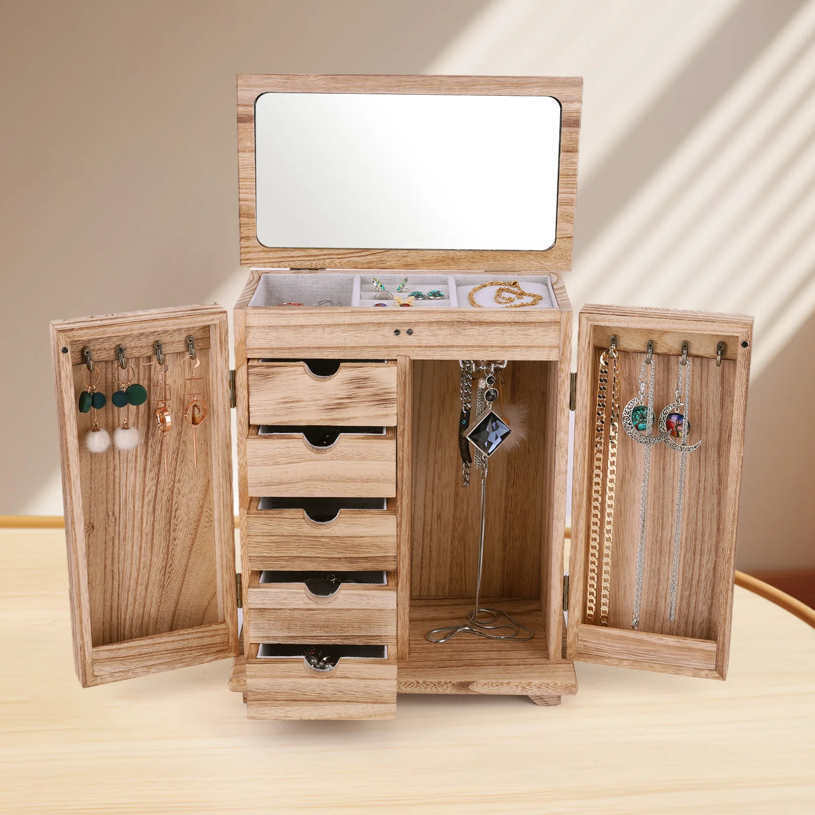 

Деревянная шкатулка для украшений, большая коробка-органайзер для ювелирных изделий с выдвижными ящиками и зеркалом, подставка для демонстрации украшений, коробка для хранения ожерелий и серег