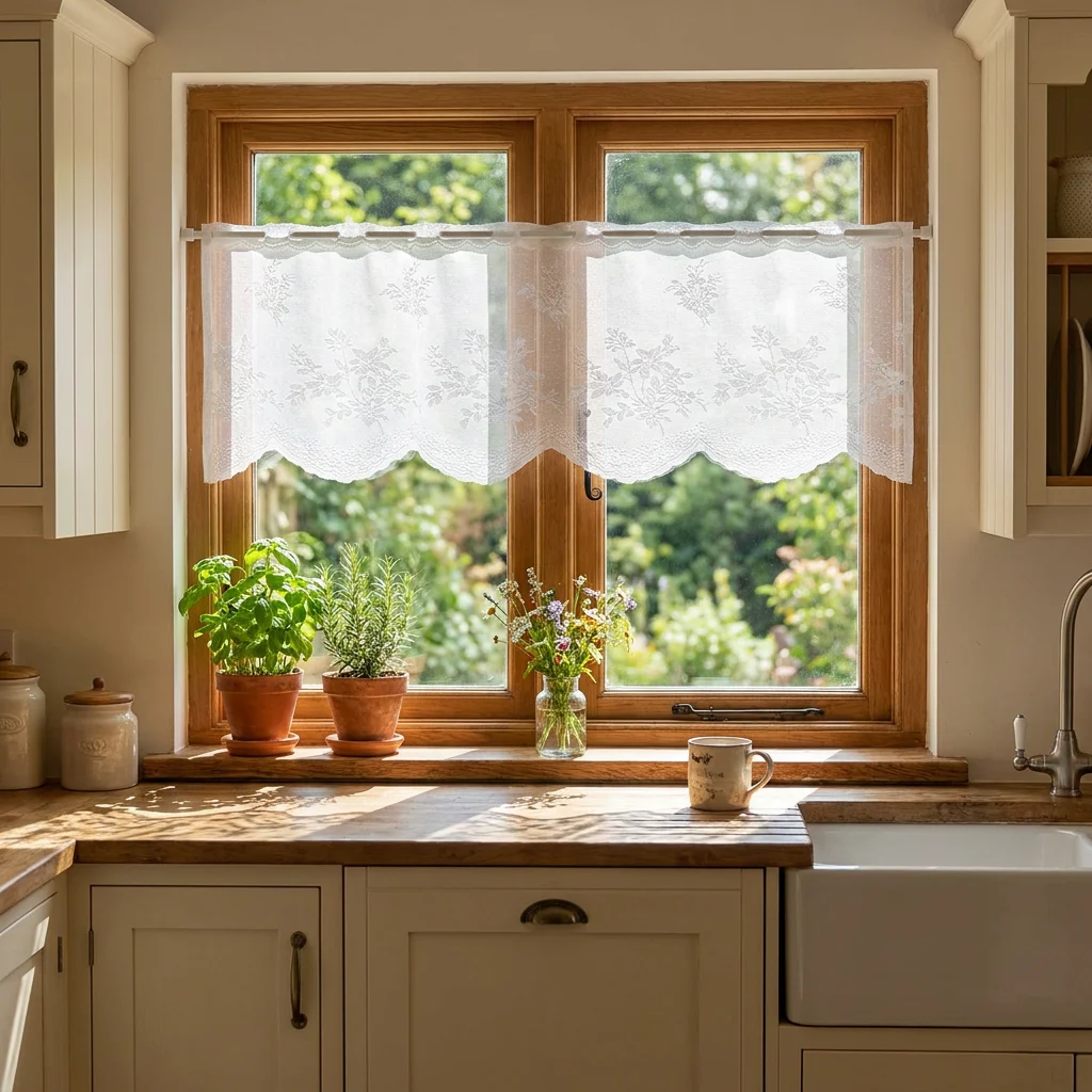 French Country Lace Floral Semi-Transparent Coffee Short Curtains Wavy Edge Rod Bag Style Window Treatments Atmosphere Enhancing