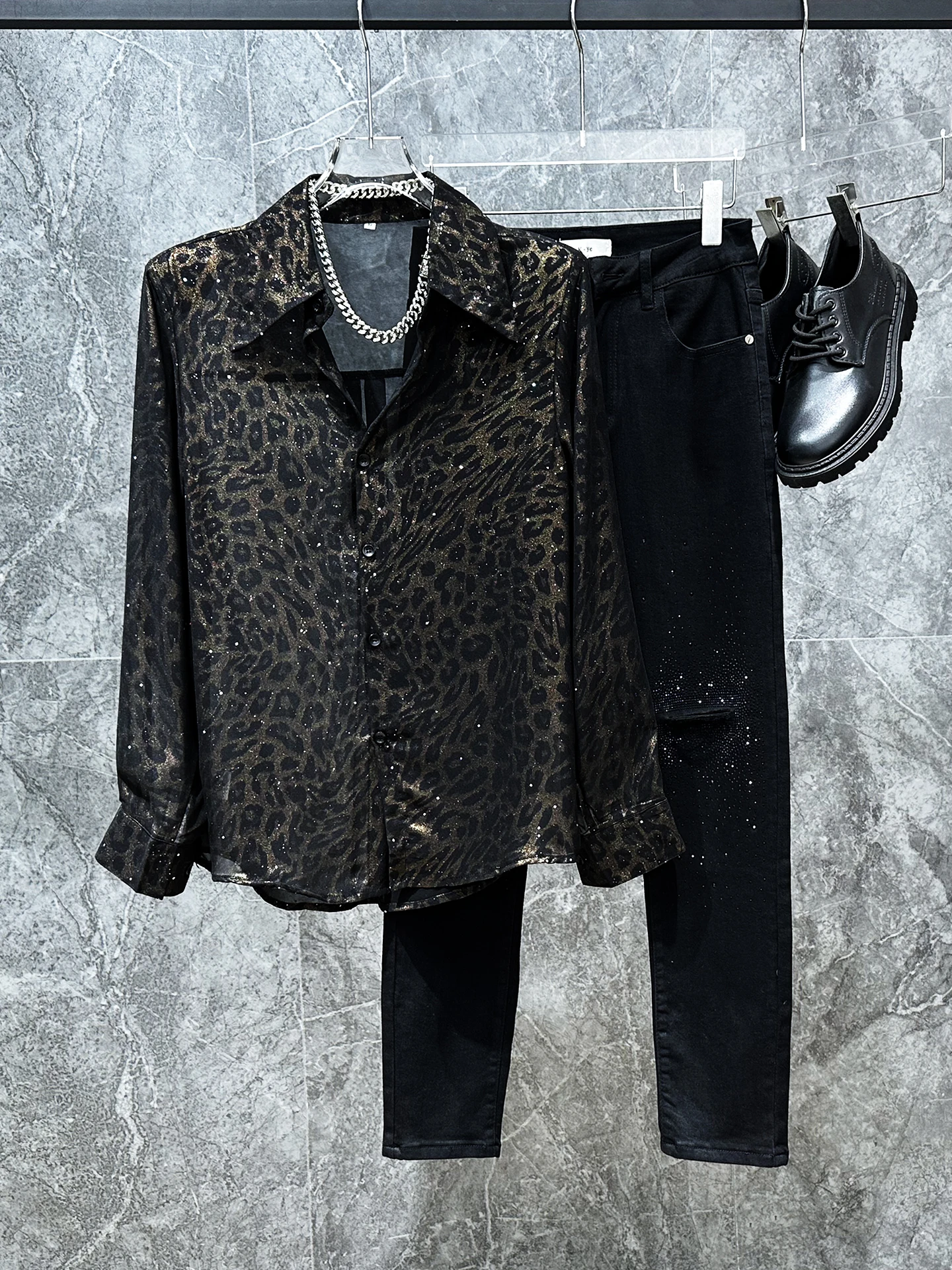 

Летняя тонкая рубашка с леопардовым принтом для ночного клуба, мужская модная трендовая рубашка Haome High-End Feeling, повседневная рубашка свободного кроя с длинными рукавами