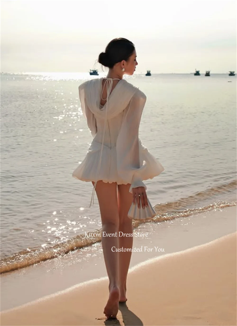 Kuxm White Deep V Neck Prom Gown Long Sleeveless Chiffon Short Cocktail Dress Above Knee Length Graduation Gown Customized