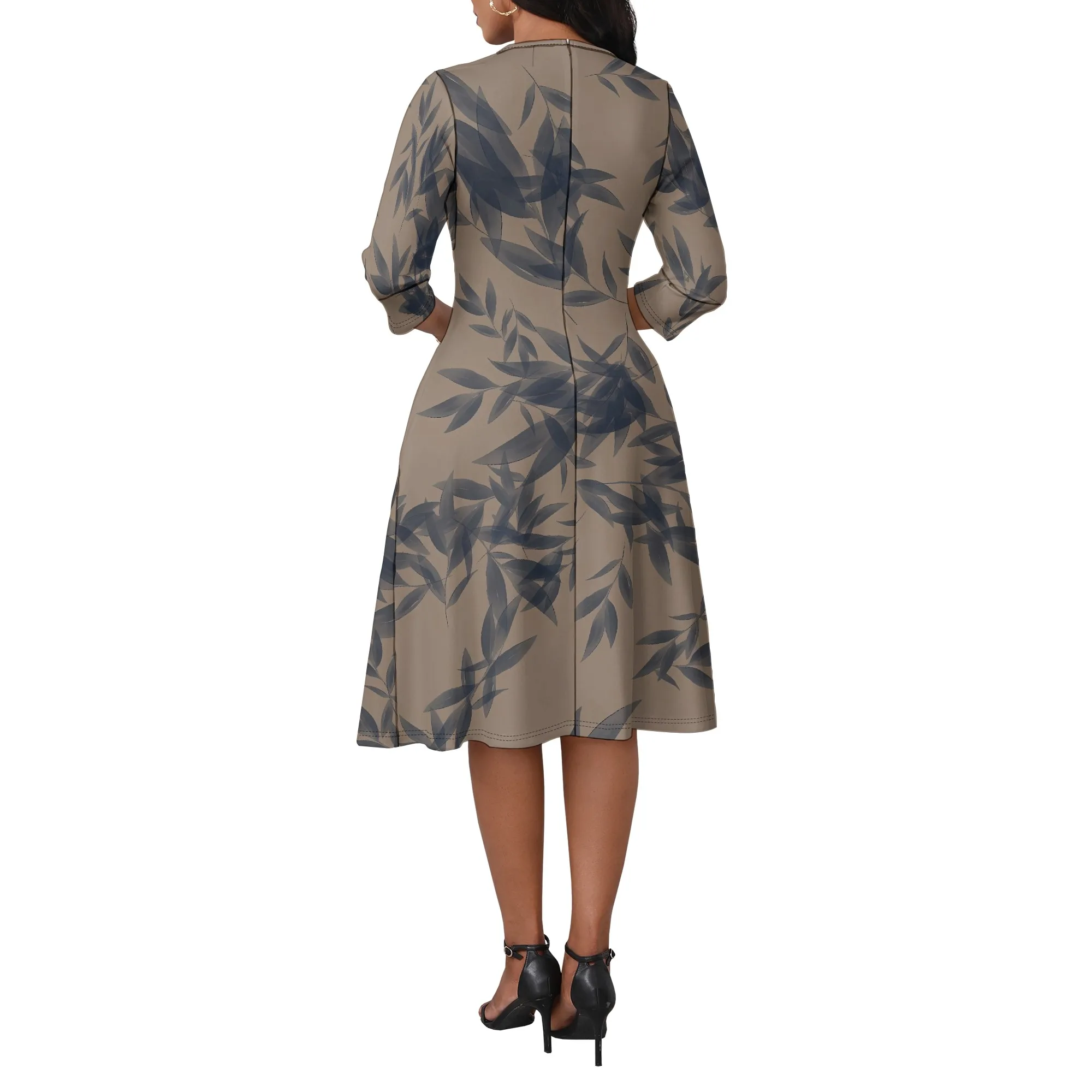 Casual Leaf Print A-Line Dress Women Khaki Blue V-Neck 3/4 Sleeve Summer Outfit
