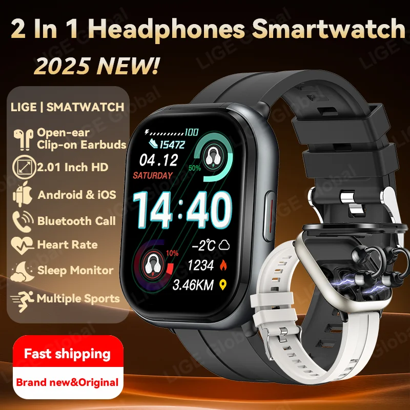 LIGE TWS 2-In-1 Clip-on Earbuds Smart Watch Bluetooth Earphones 2.01