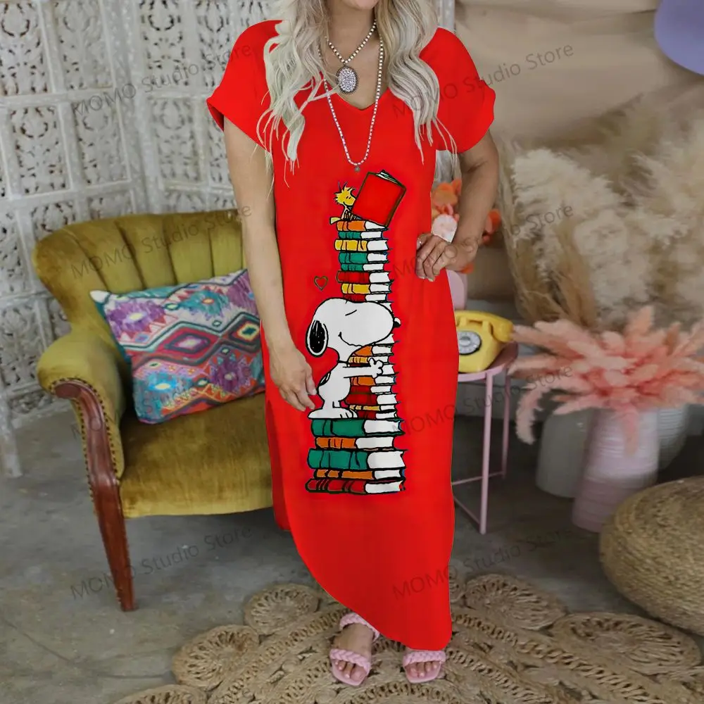 Snoopy  Long Dresses V-neck Robe Cheap Clothes Summer Woman Dress Streetwear 2024 S-2XL Fashion Kawaii Elegant Gowns Lovely Y2k