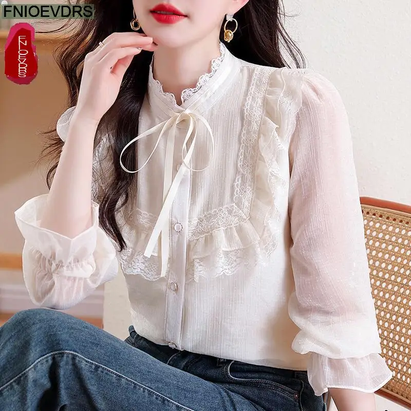 S-2XL 2024 Spring Summer Bow Tie Ribbon Lace-Up Tops Women Basic Wear Office Lady Work Long Sleeve Elegant Button Shirts Blouses