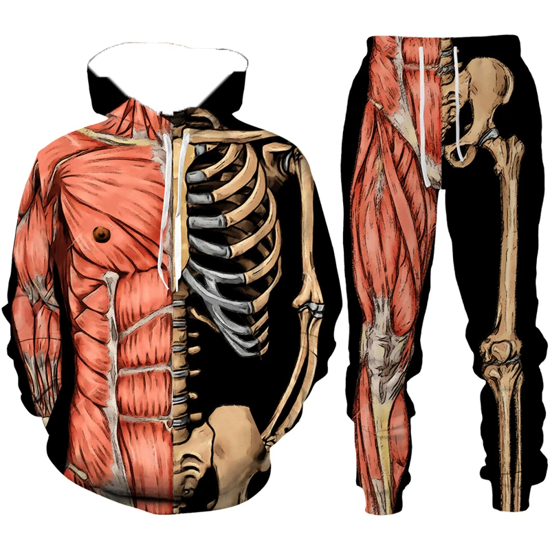 

Осенне-зимний мужской комплект с капюшоном. Мужская забавная уличная спортивная толстовка с принтом костей. Быстросохнущий и дышащий комплект с капюшоном.