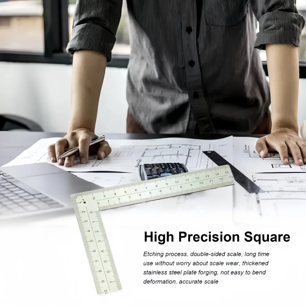 مسطرة صغيرة من الفولاذ المقاوم للصدأ على شكل حرف L على الوجهين أداة قياس عالية الدقة لتصميم الجلود المواد المعدنية #2