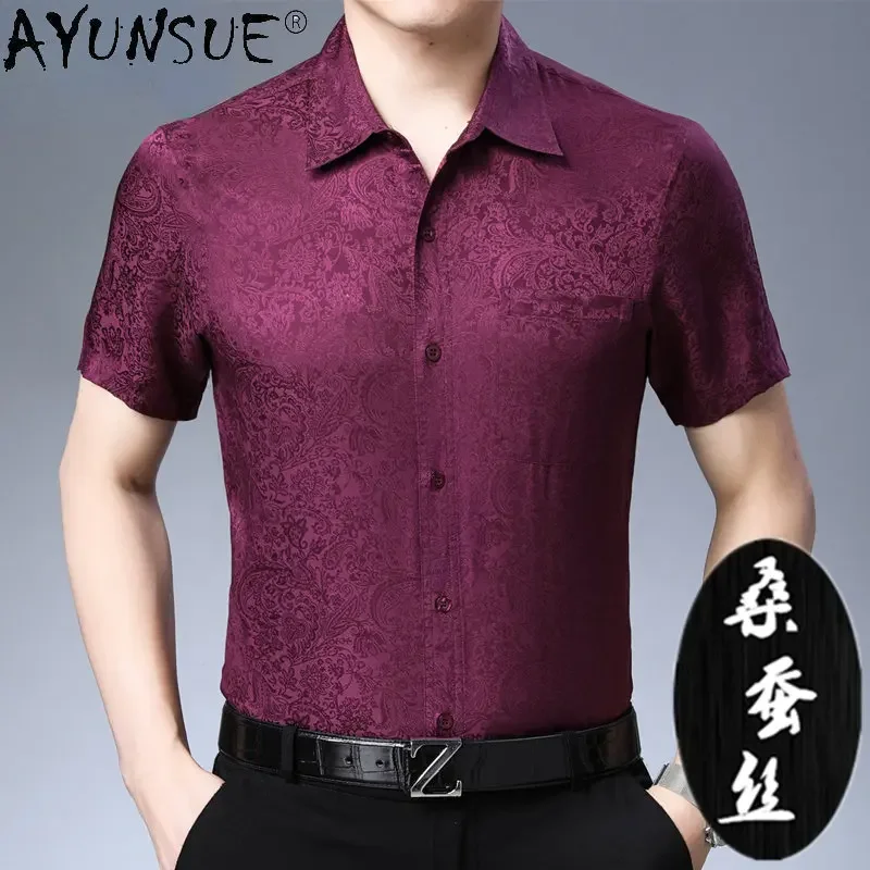 

AYUNSUE 100% Mulberry Real Silk Dress for Women Summer Short Sleeved Shirts Men Polo Shirt Lapel Loose Men's Tops Ropa De Hombre