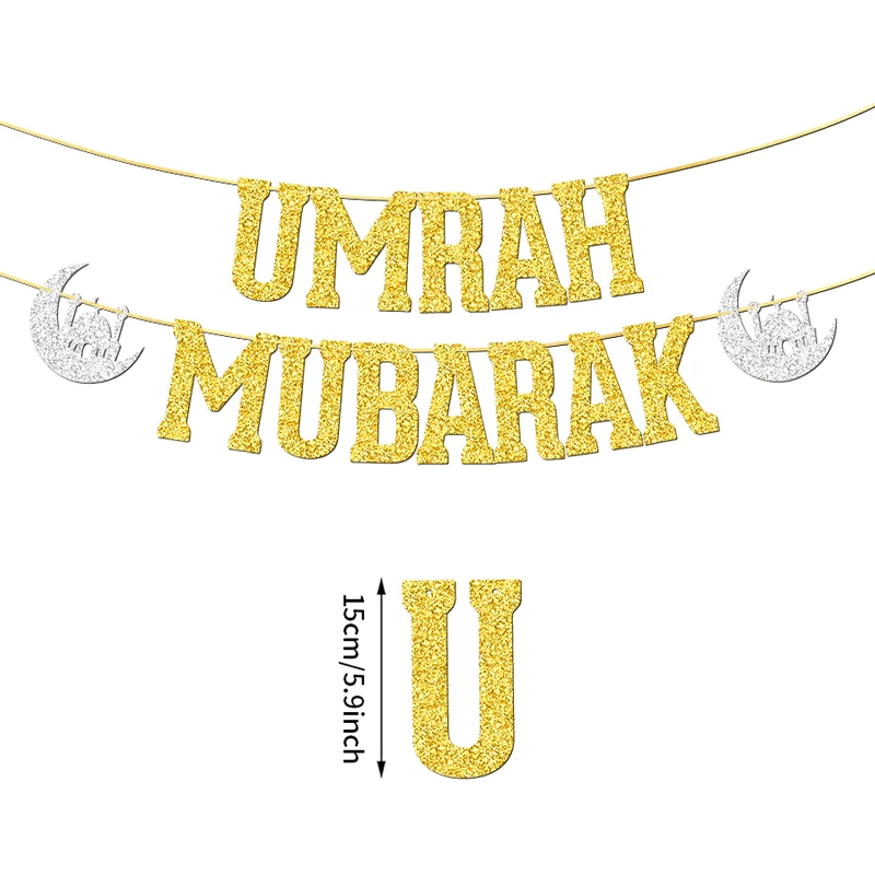 YOMDID Umrah Mubarak Banner Glitzer Umrah Mubarak Dekorationen Partybanner für Islamische Muslimische Dekorationen Partyzubehör – Detail 4