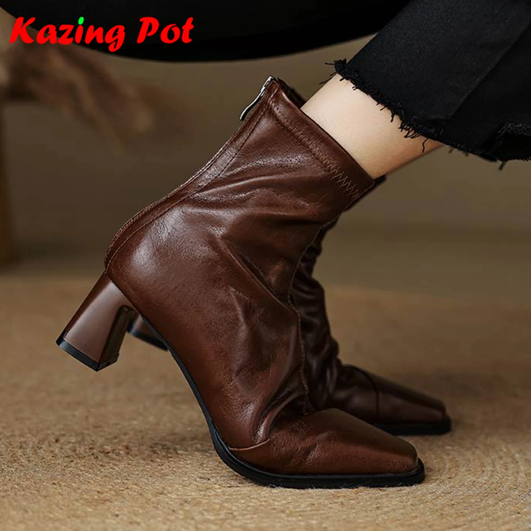 

Krazing Pot Cow Split Skin Square Toe Thick High Heels Chelsea Boots Autumn Winter Shoes Ins Office Lady Chic Women Ankle Boots