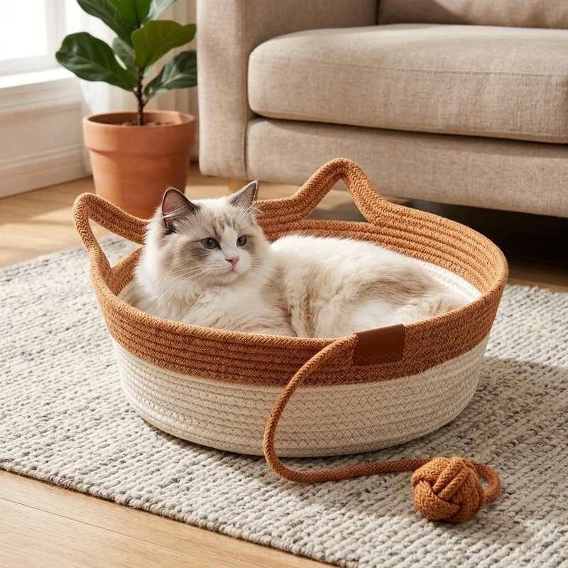 Round Cotton Rope Cat Basket Bed, Handwoven Cat Nest with Toy Ball and Carry Handles, Breathable Pet Sleeping Bed for Cats