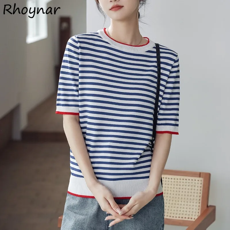 Short Sleeve T-shirts Women Korean Fashion Stylish Striped Panelled Loose Casual All-match Daily Elegant Temperament Summer Cozy