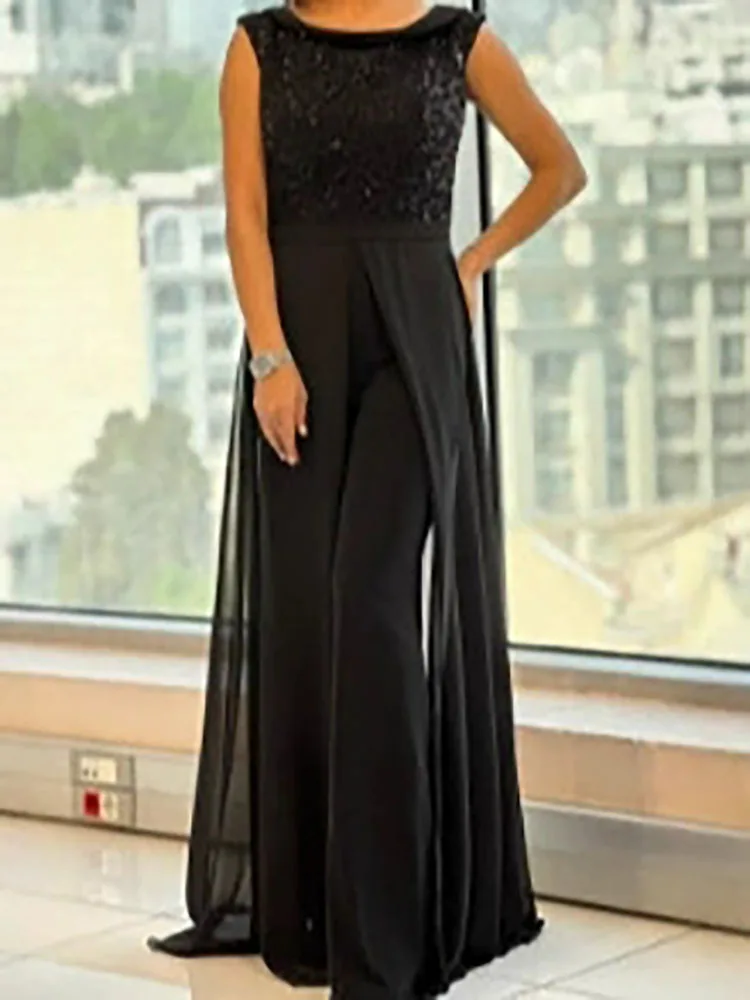 จั๊มสูทขายาวทรงเข้ารูป ดีไซน์หรูหรา คอทรงโอ ประดับเลื่อม แต่งผ้าปะต่อ แฟชั่นเอวสูง เหมาะสำหรับงานแต่งงาน