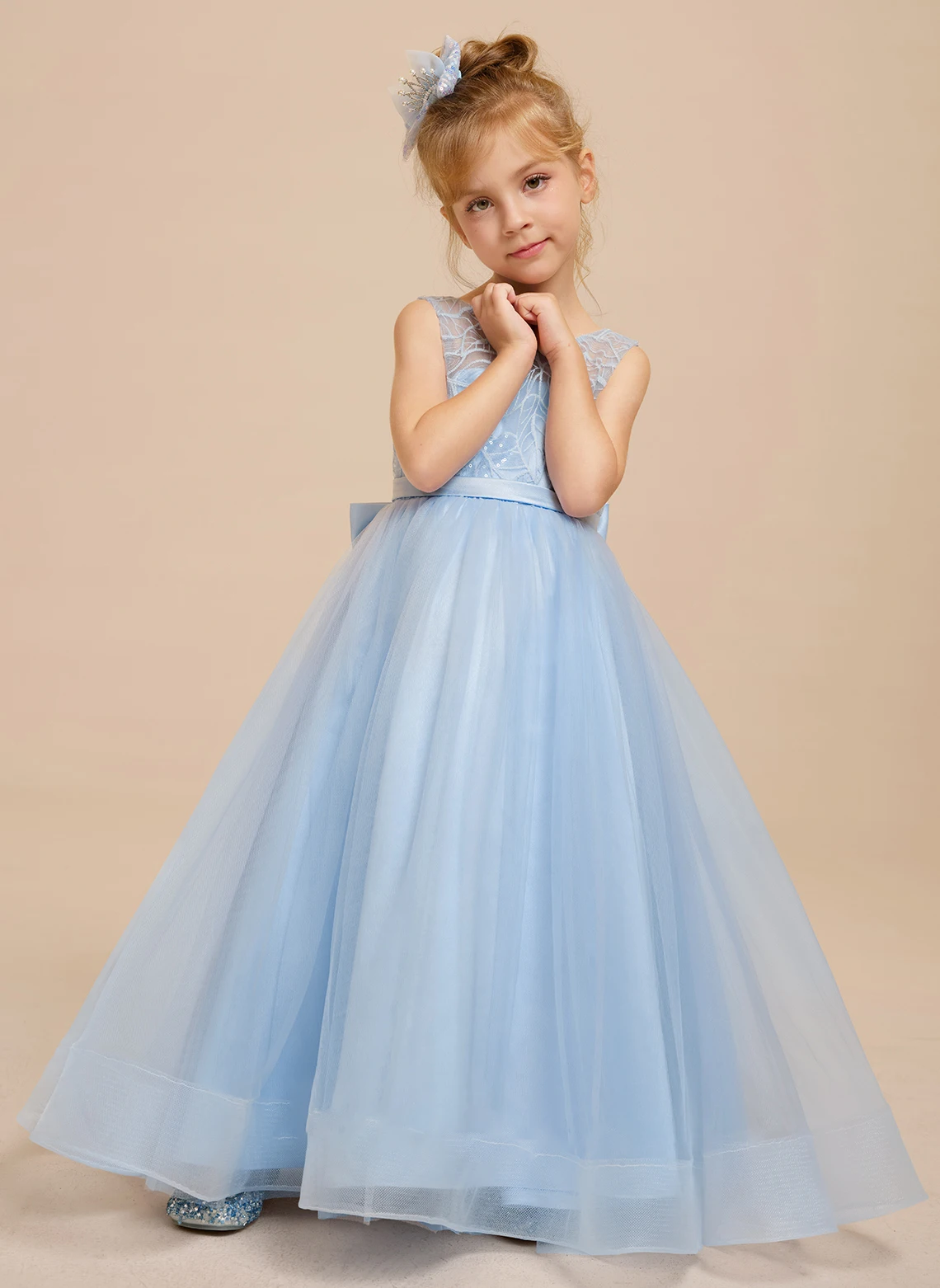 Aライン スクープ マキシレングス レース/チュール フラワーガールドレス/ウェディングパーティードレス/フラワーガールドレス/カスタムメイド