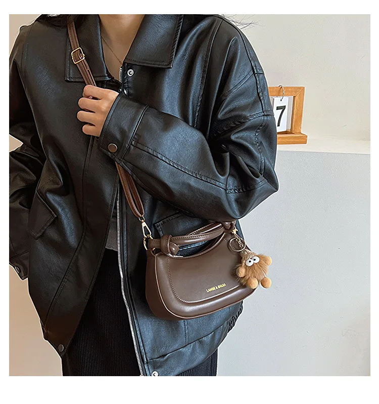 New Women\'s Fashion Handbags Brown Retro PU Leather Shoulder Bag Doll Decorative Korean Trend Casual Female Underarm Handbags