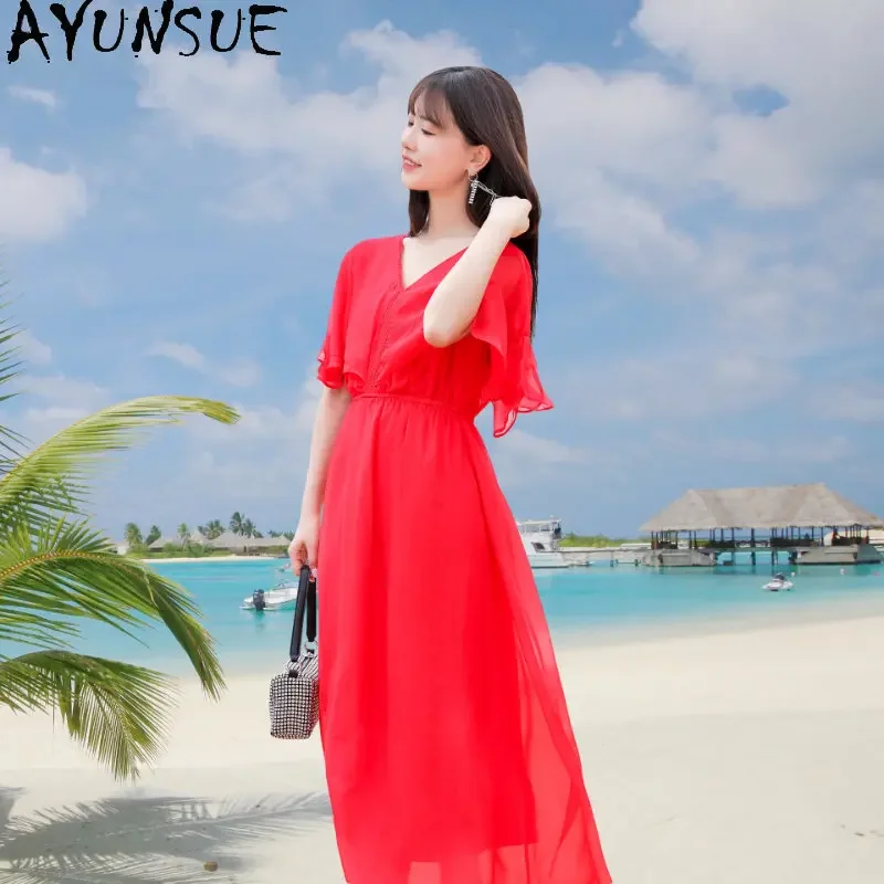 

Summer New 100% Mulberry Silk Dress Women's Clothing Fashion Temperament Solid Color Beach Long Swing Dresses For Women Vestido