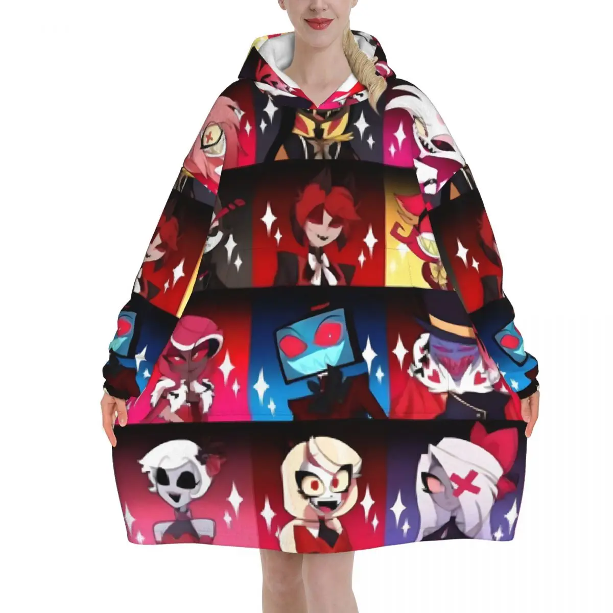 Hazbin hotéis aventuras cobertor com capuz oversized wearable engraçado tv moletom cobertor presentes quentes para mulheres meninas namorada