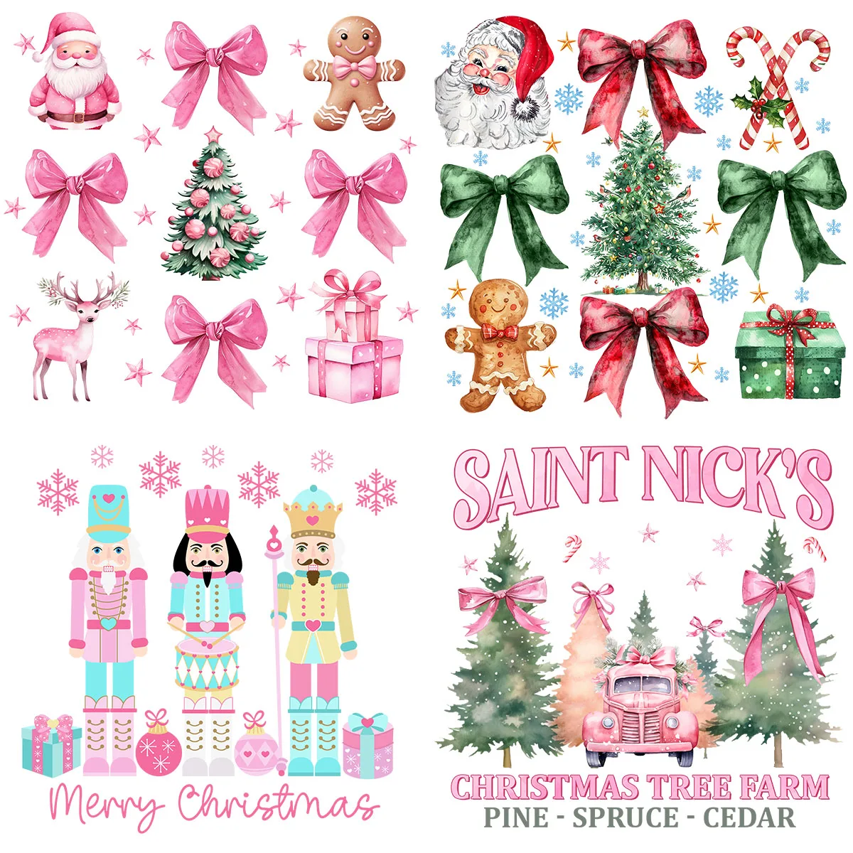 Pink Merry Christmas Bow Santa Claus Heat Transfer Patch Sticke Iron-On Decals T-shirts Sweatshirts Clothing Fabric Winter Decor