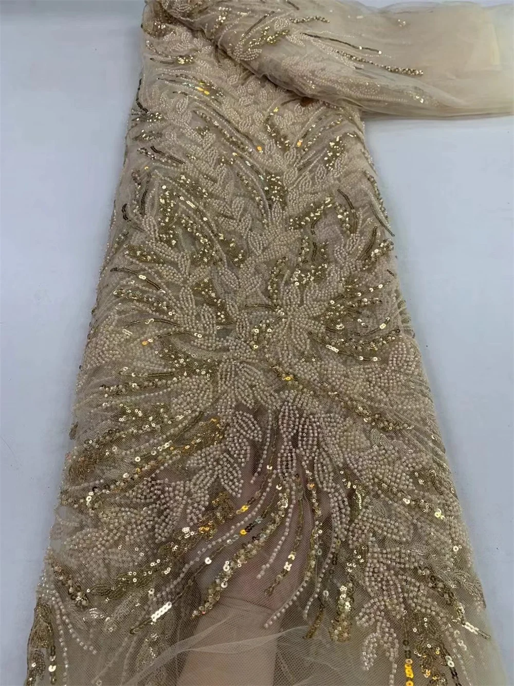 

Luxury Beaded Lace High Quality Fabrics 2024 Gold Dresses Embroidered African Fabric With Sequins Party Dresses Woman Wp380-1