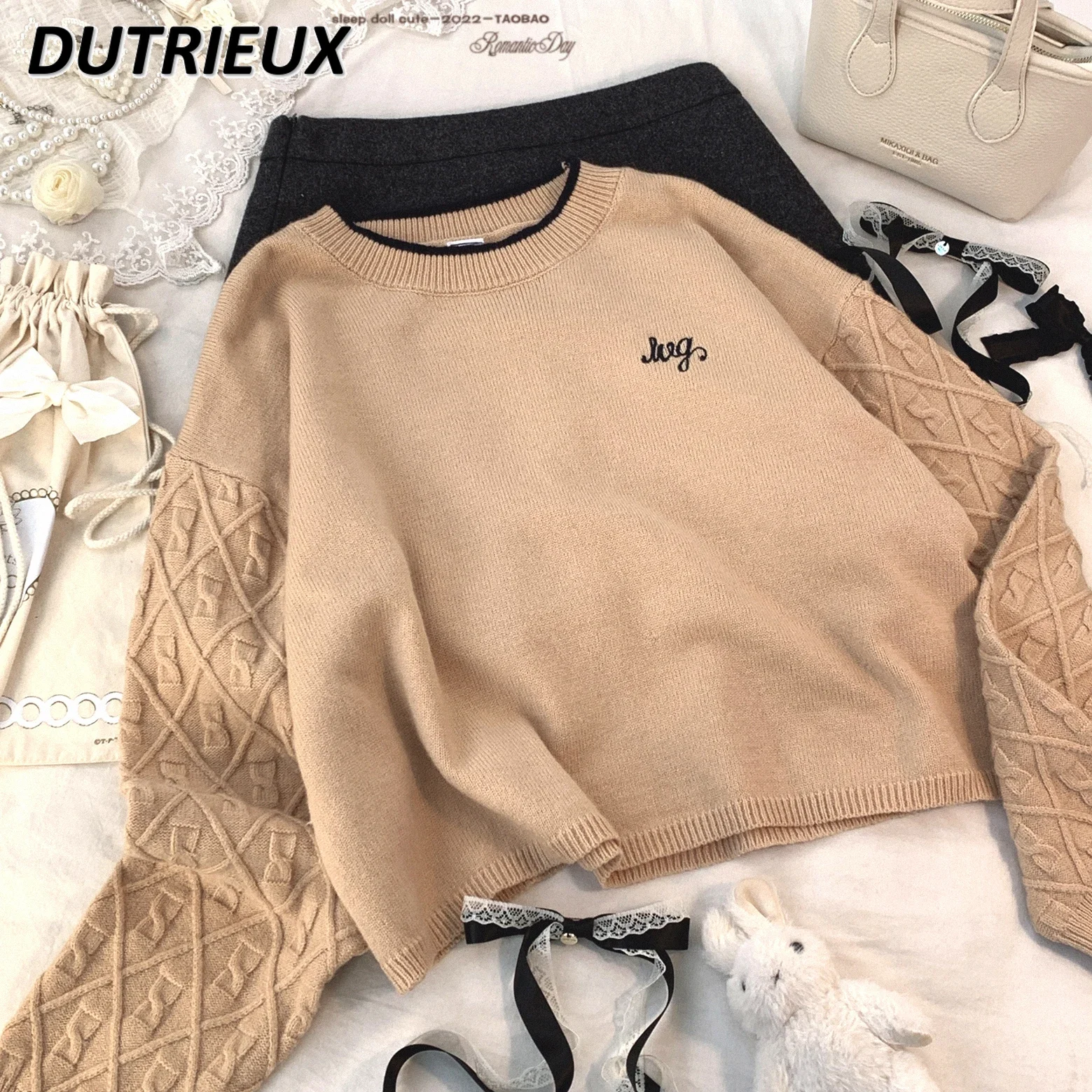 Autumn Winter Embroidery Bow Cute Knitted Sweater Flower Contrasting Edge Pullover Sweaters Top Fashion Crew Neck Knitting Shirt