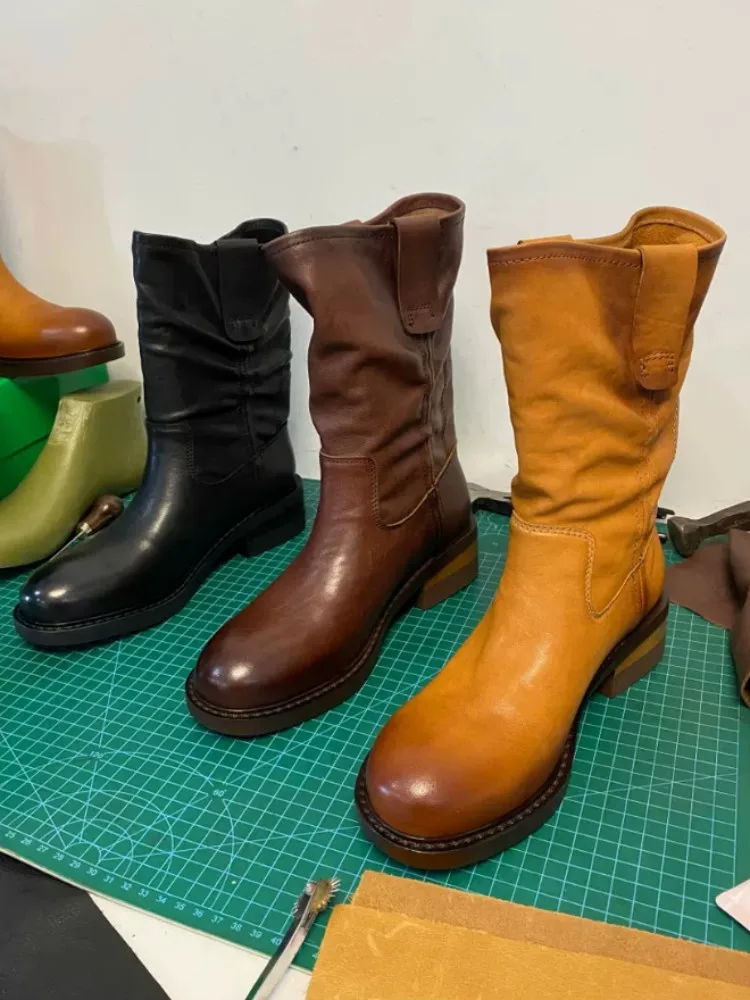 Women Genuine Leather Chelsea Boots Vintage Handmade High Quality Designer Shoes Slip On Round Toe Female Casual Short Boots